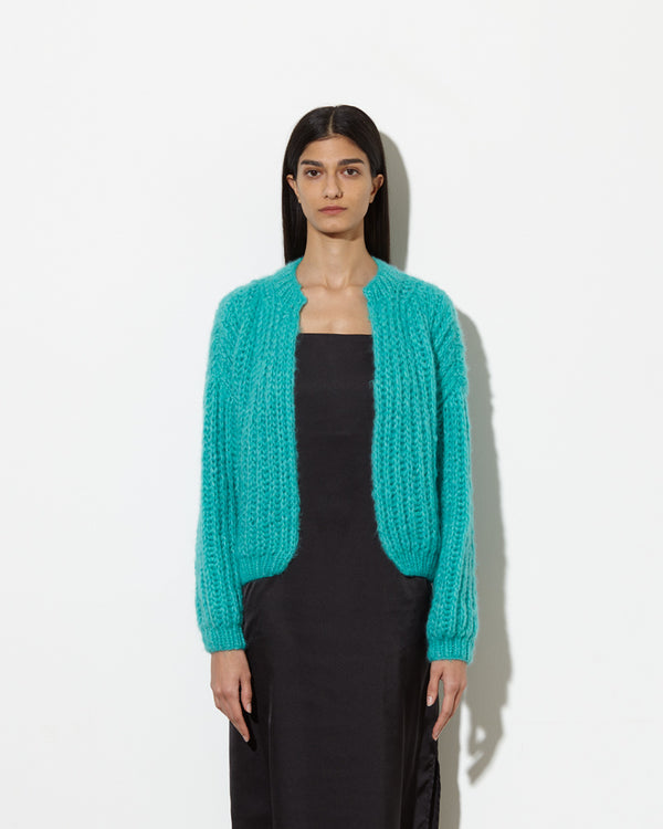 Model wearing Cashmere cardigan women in the colour mint.