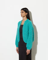 Model from the side wearing Cashmere cardigan women in the colour mint.