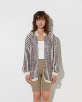model wearing the spring cashmere brioche cardigan in creme and multicolour. Shot from the front