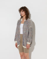  model wearing the spring cashmere brioche cardigan in creme and multicolour. Shot from the side