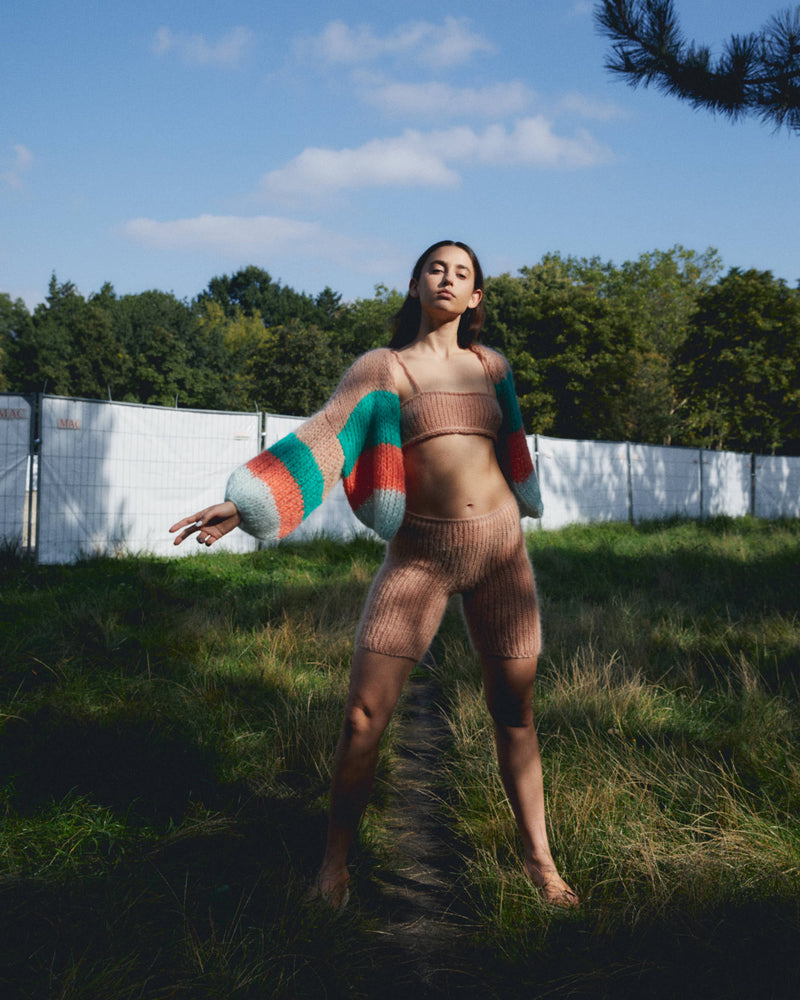 Model full body wearing Mohair cardigan womens.