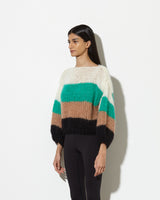 model from the side wears womens mohair sweaters in Creme - Black. from our soft and cozy signature mohair.