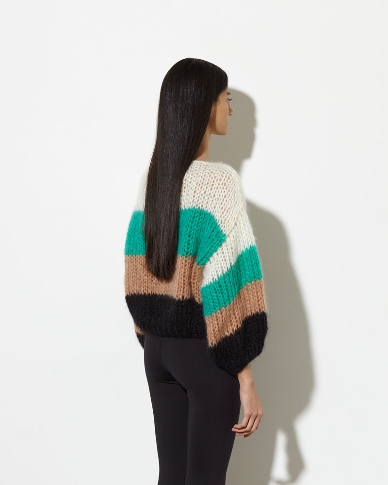 model from the back wears womens mohair sweaters. from our soft and cozy signature mohair.