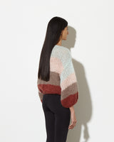 model from the back wears womens mohair sweaters in Mint - Marsala. from our soft and cozy signature mohair.