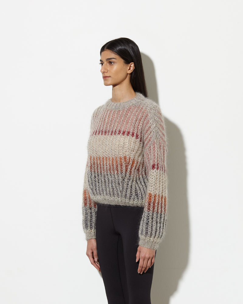 model from the side wearing striped mohair sweater in muted. soft and cozy feel.