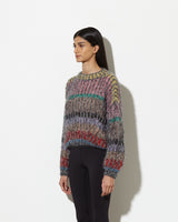 model from the side wearing striped mohair sweater in primary. soft and cozy feel.