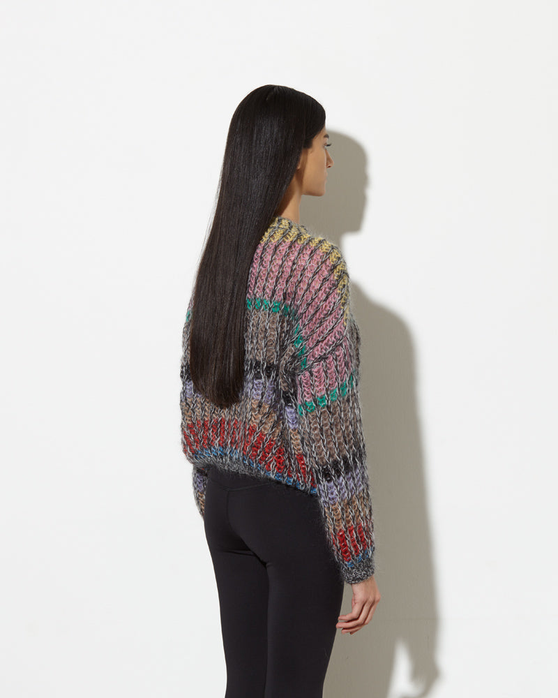 model from the back wearing striped mohair sweater in primary. soft and cozy feel.