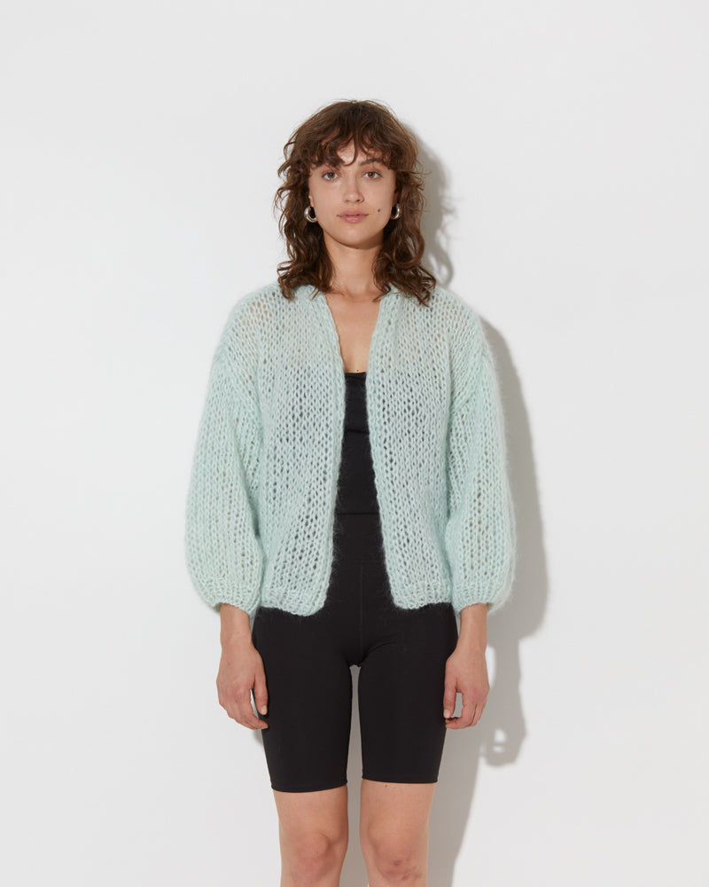 model wearing the spring mohair big bomber cardigan in mint. Shot from the front