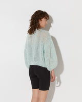 model wearing the spring mohair big bomber cardigan in mint. Shot from the back