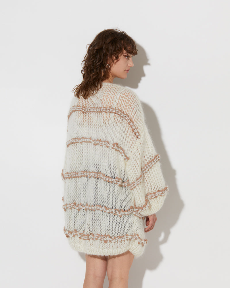 model wearing the wavy spring oversized cotton cardigan in creme and summer tan. Shot from the back