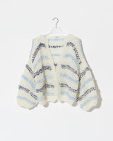 Product Image of wavy mohair bomber cardigan in creme-blue. frontside
